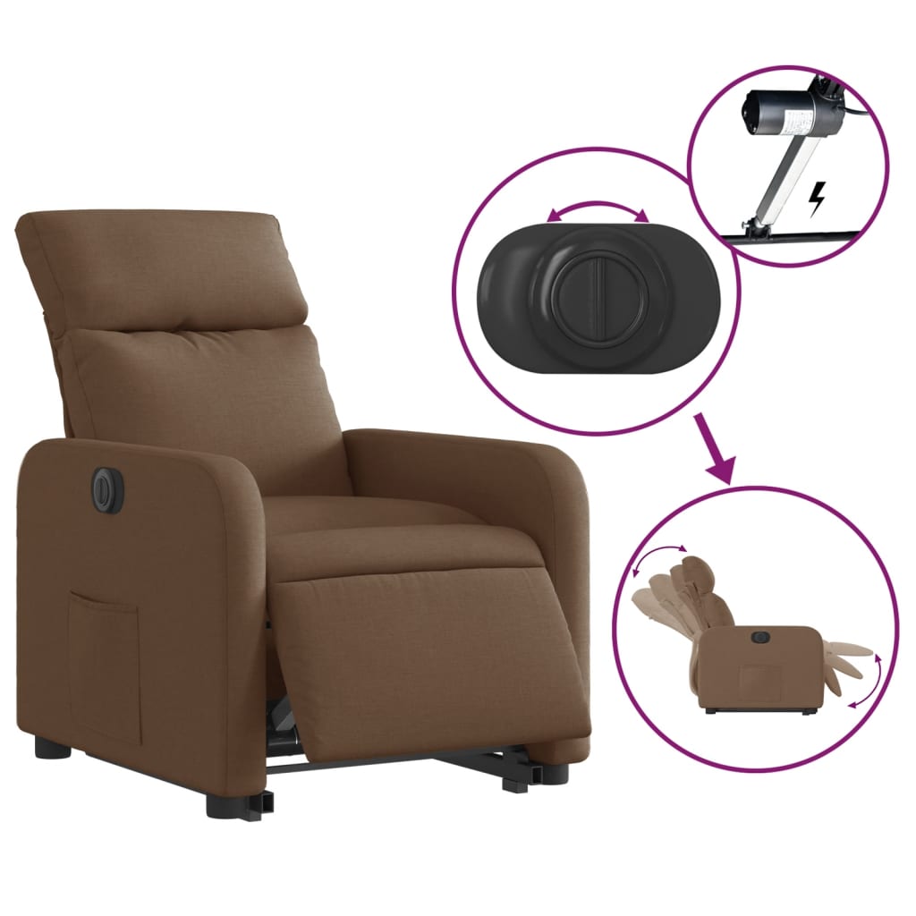vidaXL elektrisks atpūtas krēsls, paceļams, atgāžams, brūns audums