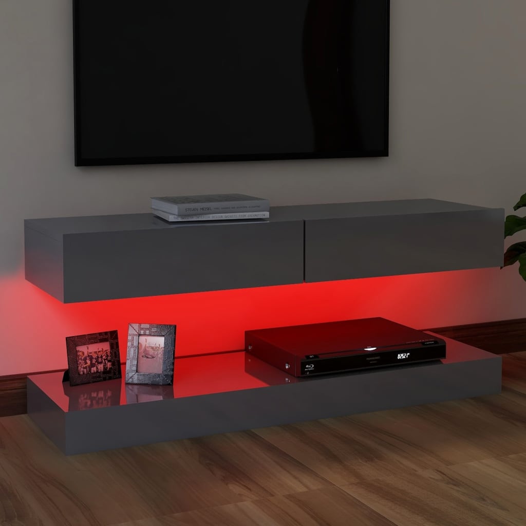 vidaXL TV plaukts ar LED lampiņām, 120x35 cm, spīdīgi pelēks