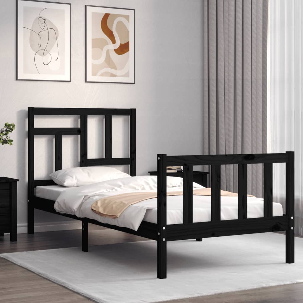 vidaXL gultas rāmis ar galvgali, melns, vienvietīgs, masīvkoks