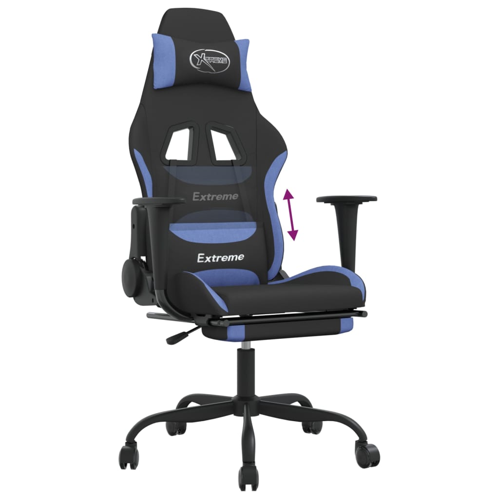 vidaXL datorspēļu krēsls ar kāju balstu, melns un zils audums
