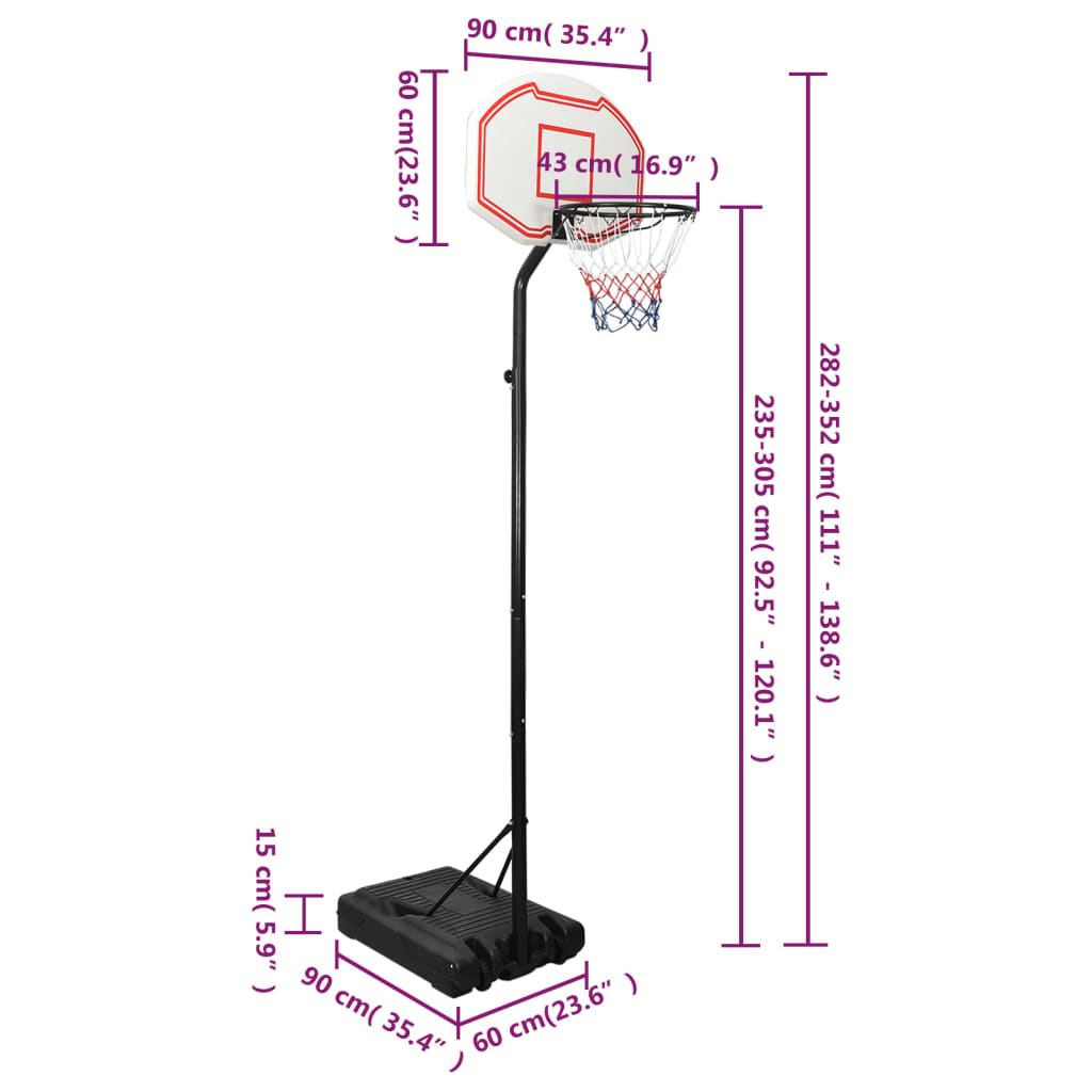 vidaXL basketbola vairogs, balts, 258-352 cm, polietilēns