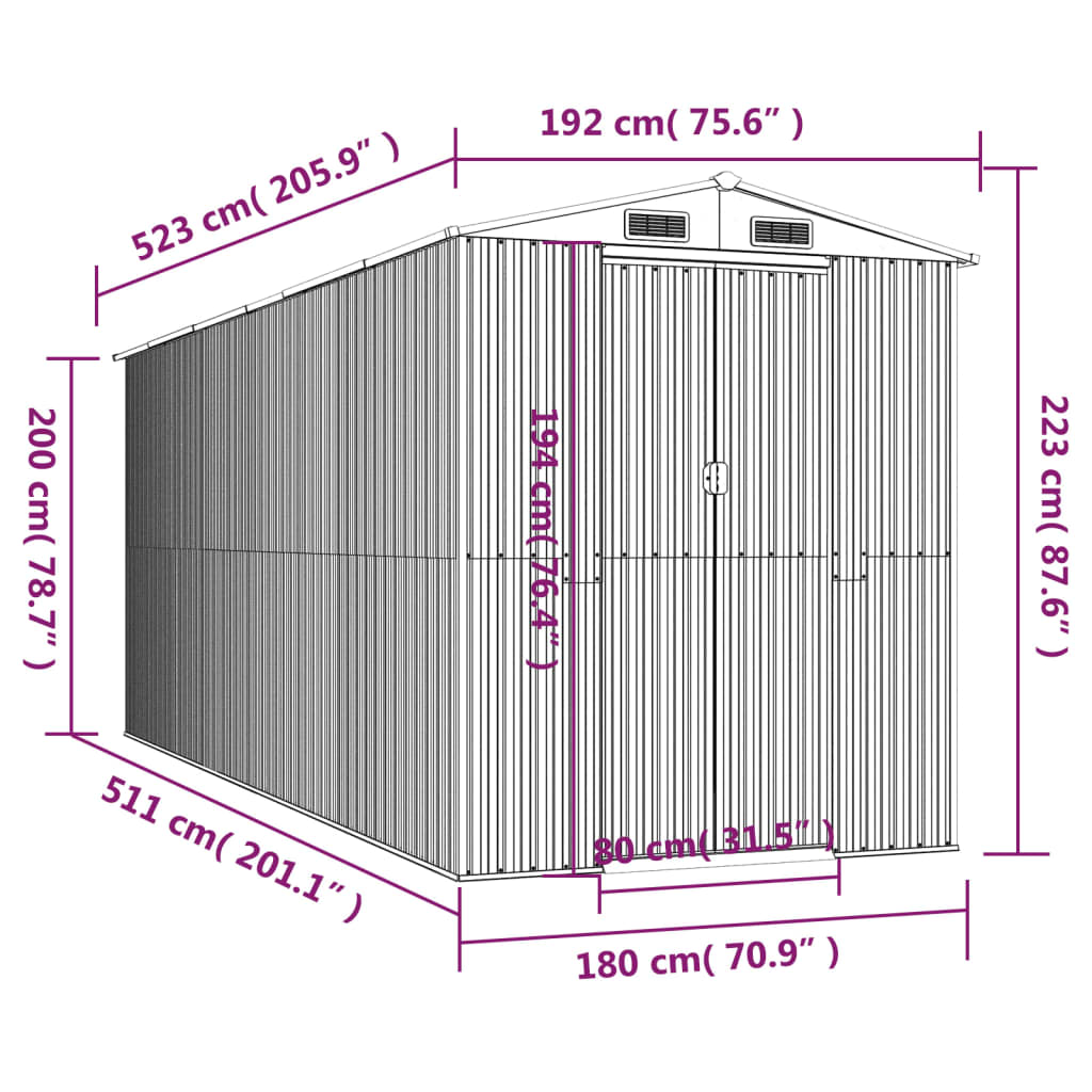 vidaXL dārza šķūnis, gaiši pelēks, 192x523x223 cm, cinkots tērauds