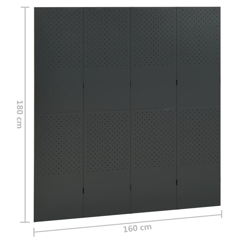 vidaXL 4-paneļu istabas aizslietnis, pelēks, 160x180 cm, tērauds