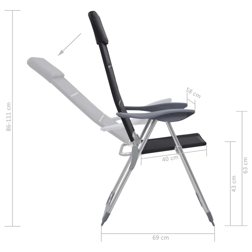 vidaXL kempinga krēsli, 2 gab., 58x69x111 cm, alumīnijs, melni