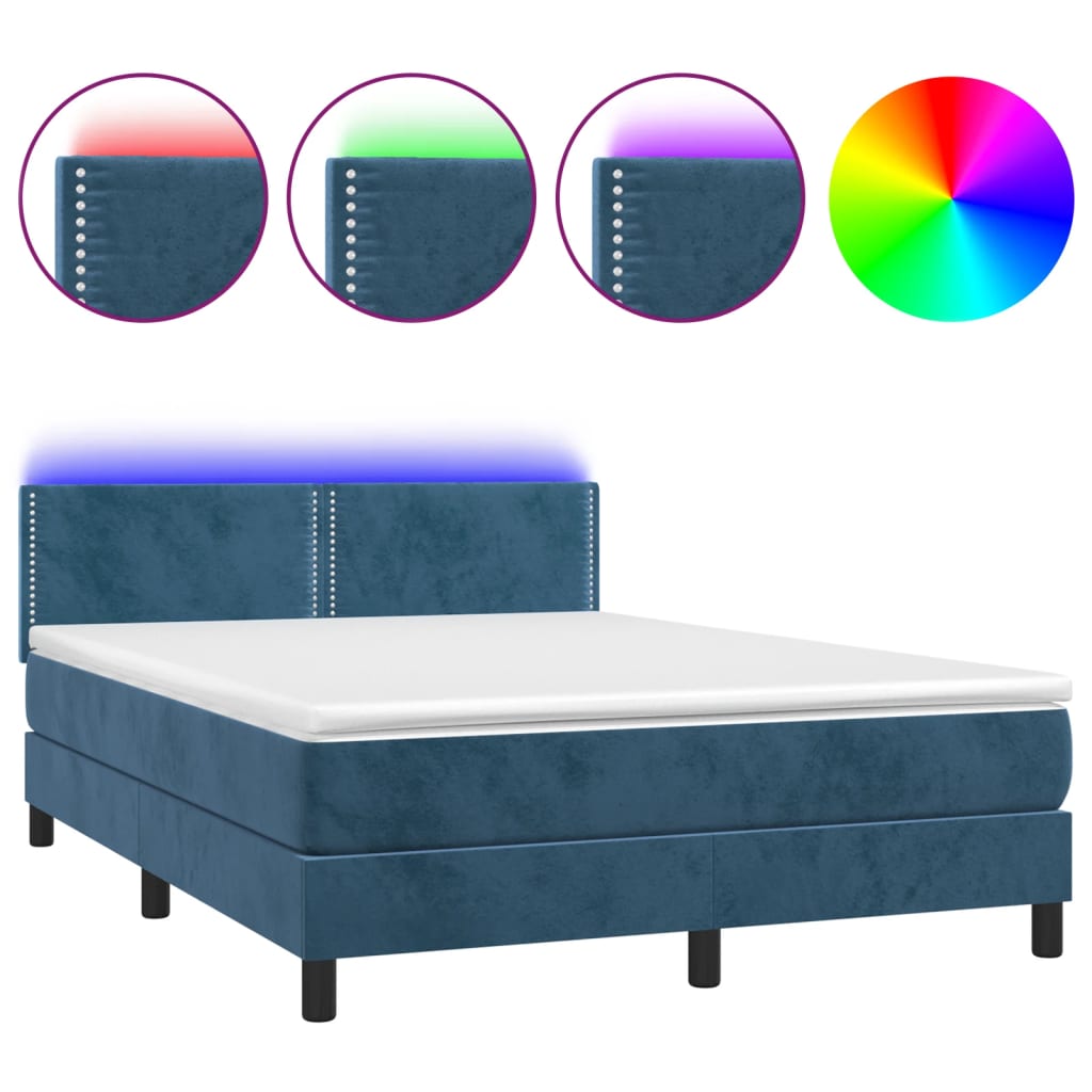 vidaXL atsperu gulta ar matraci, LED, tumši zils samts, 140x200 cm