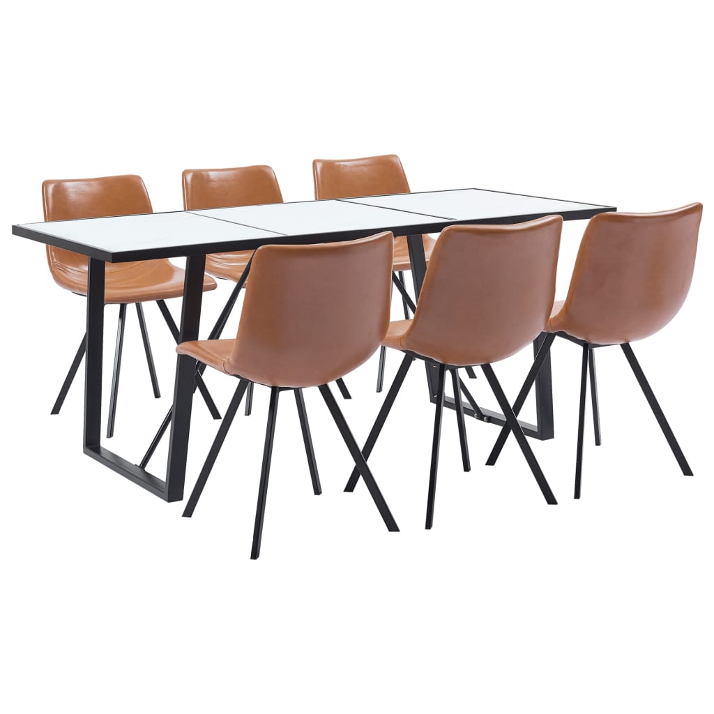vidaXL virtuves galds un 6 krēsli, konjaka krāsas mākslīgā āda