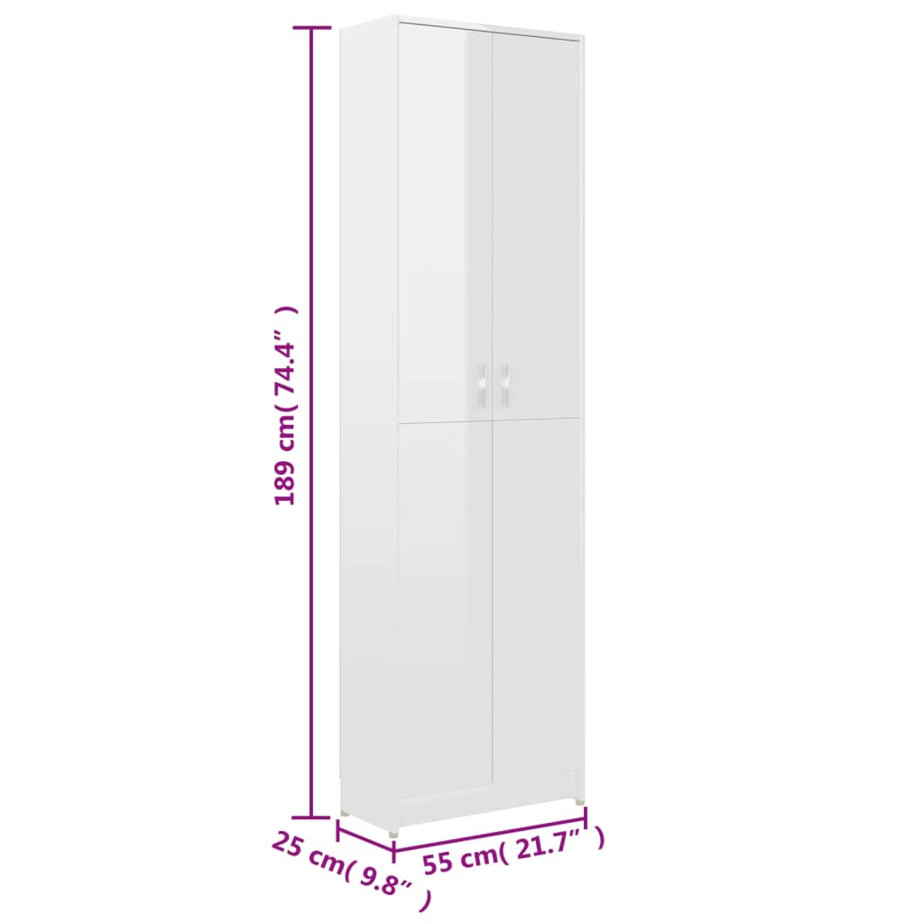 vidaXL gaiteņa skapis, spīdīgi balts, 55x25x189 cm, skaidu plāksne