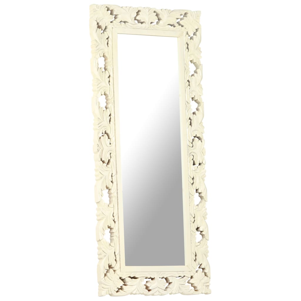 vidaXL spogulis, balts, 110x50 cm, ar kokgriezumiem, mango masīvkoks