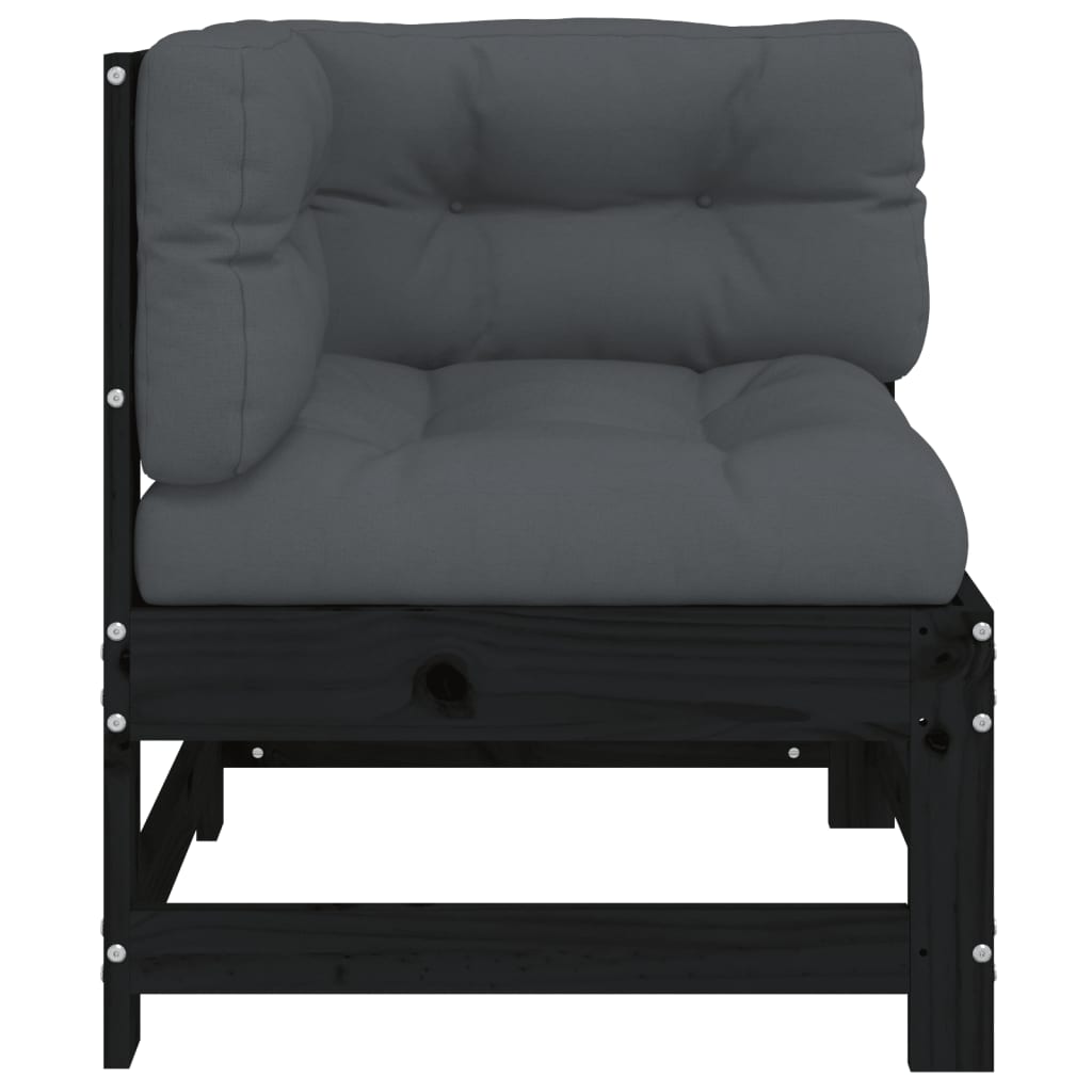 vidaXL stūra dīvāns ar matračiem, melns priedes masīvkoks