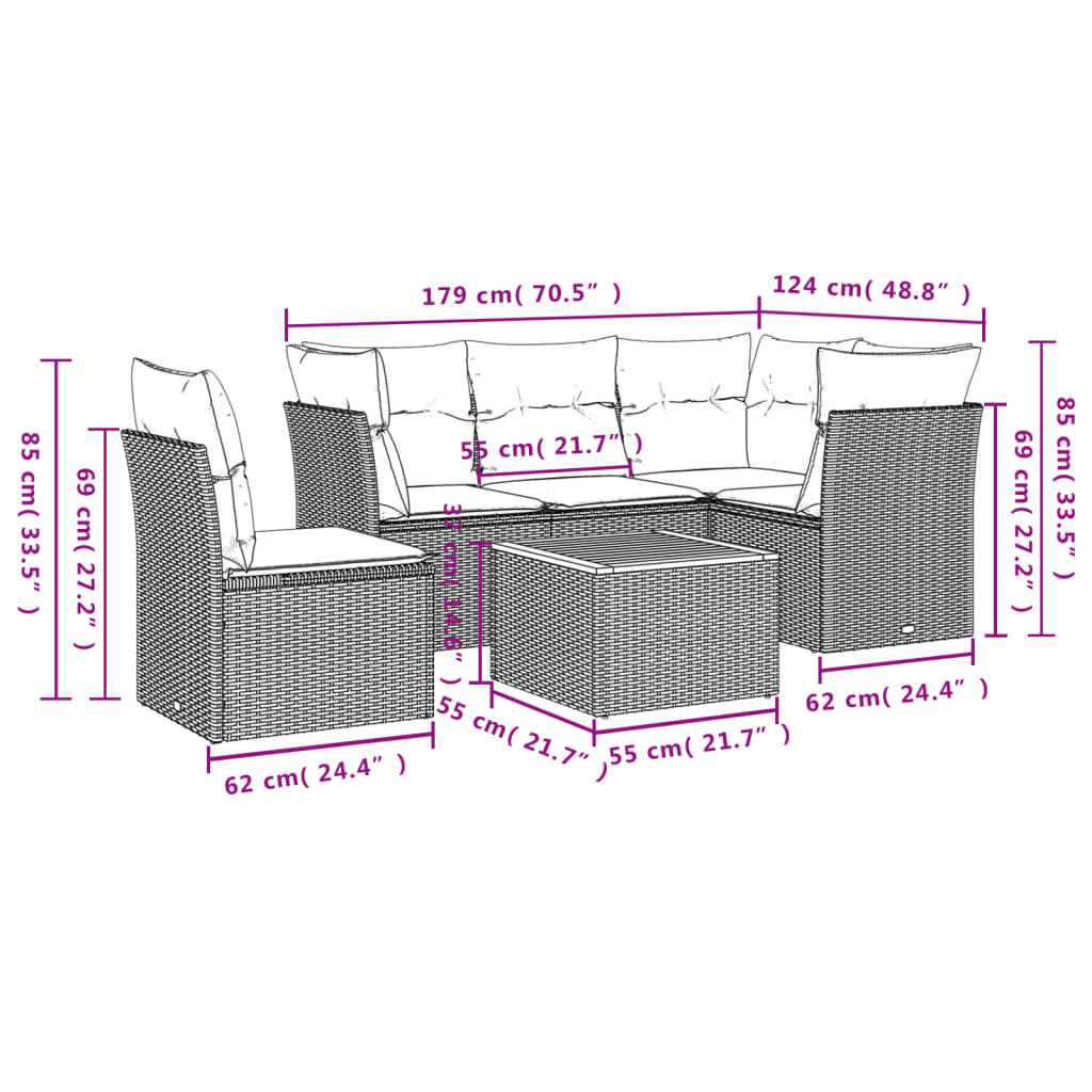 vidaXL 6-daļīgs dārza dīvāna komplekts ar matračiem, pelēks PE pinums
