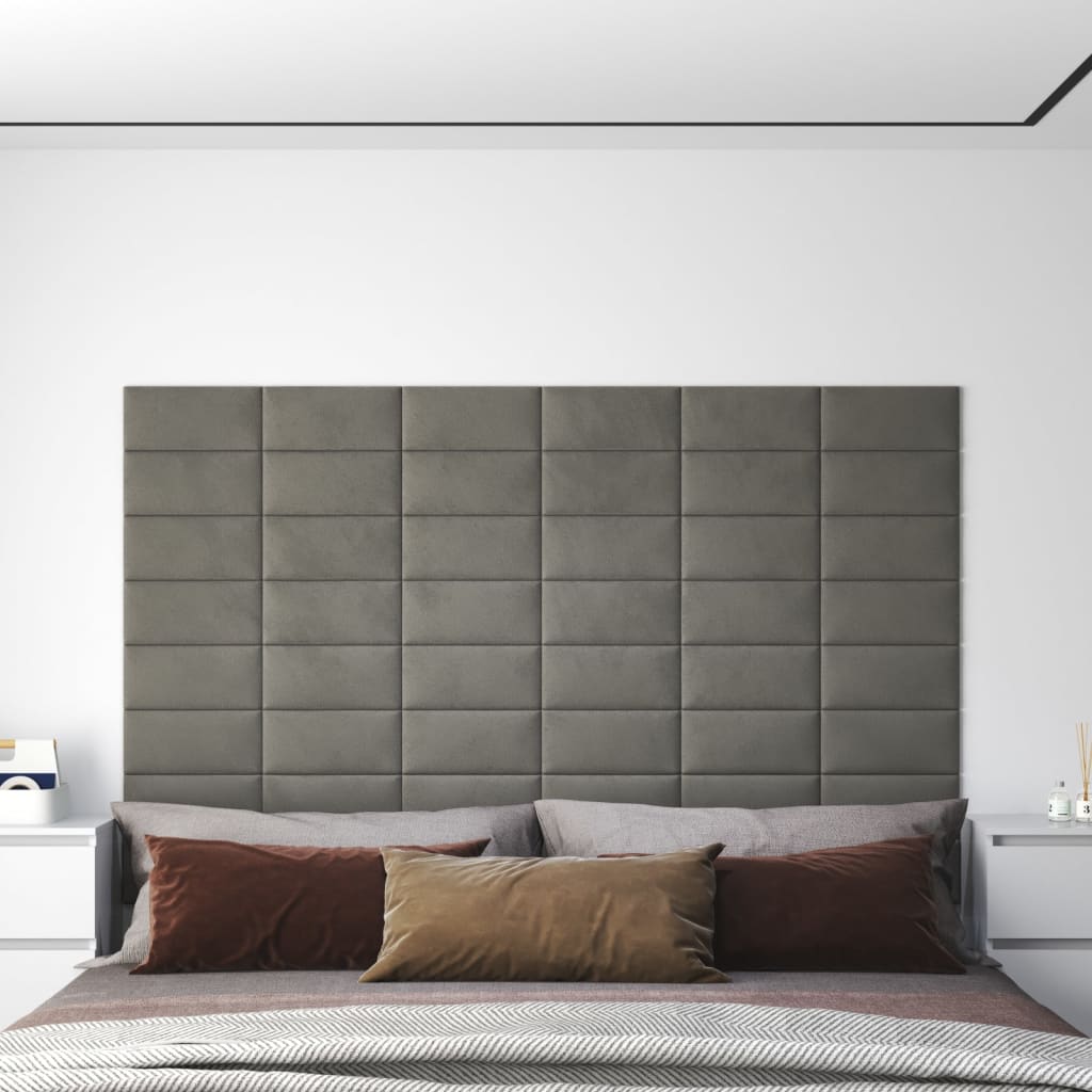 vidaXL sienas paneļi, 12 gab., gaiši pelēki, 30x15 cm, samts, 0,54 m²