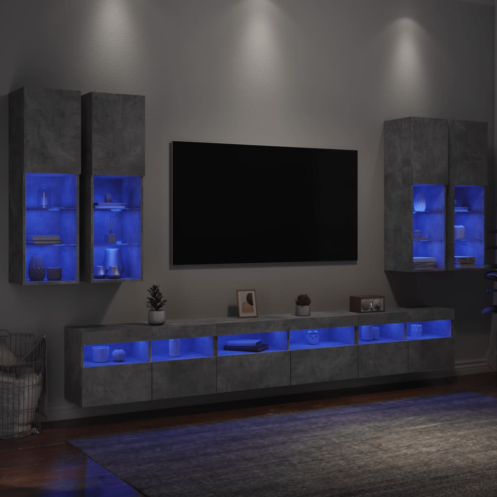 vidaXL TV sienas skapīši ar LED, 7 gab., betona pelēki