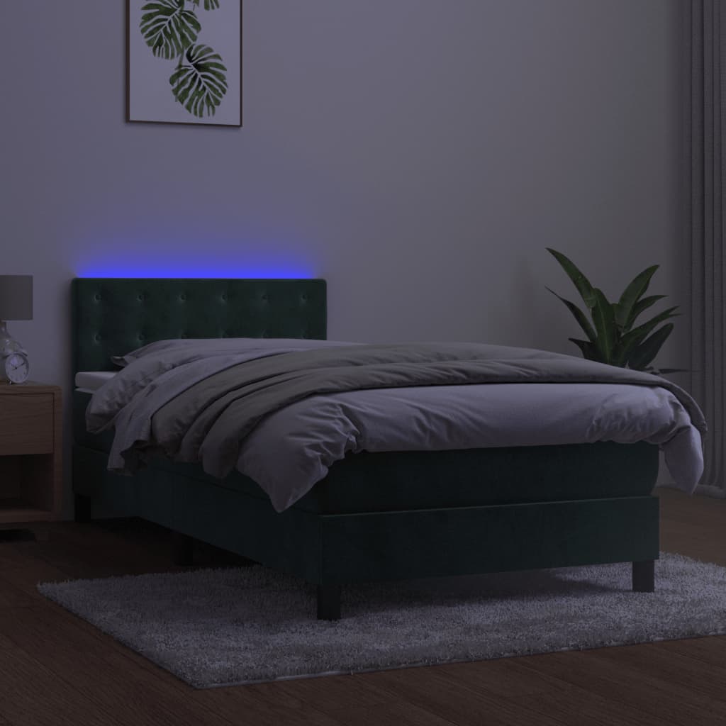 vidaXL atsperu gulta ar matraci, LED, tumši zaļš samts, 100x200 cm