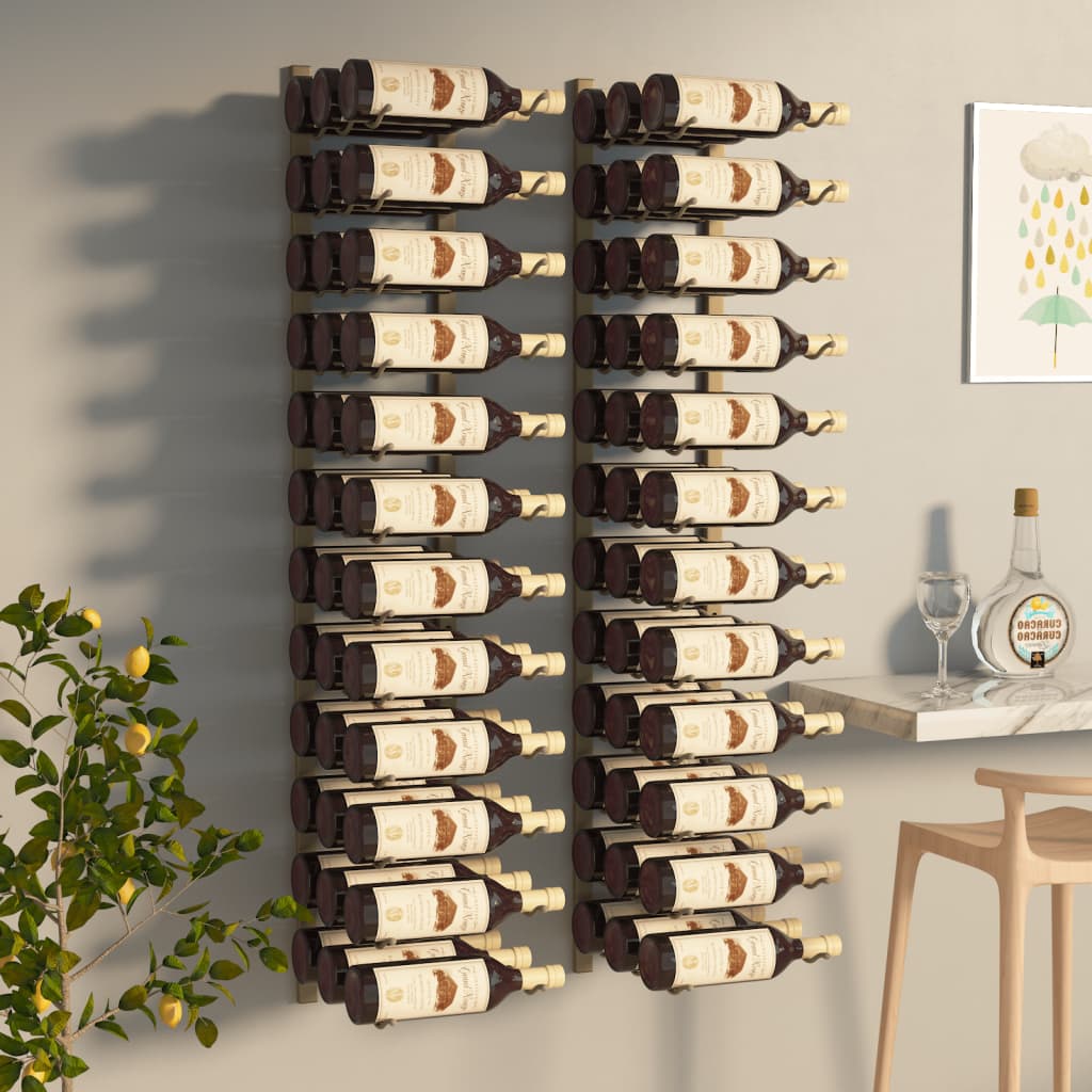 vidaXL sienas vīna pudeļu plaukts 36 pudelēm, 2 gab., zeltaina dzelzs
