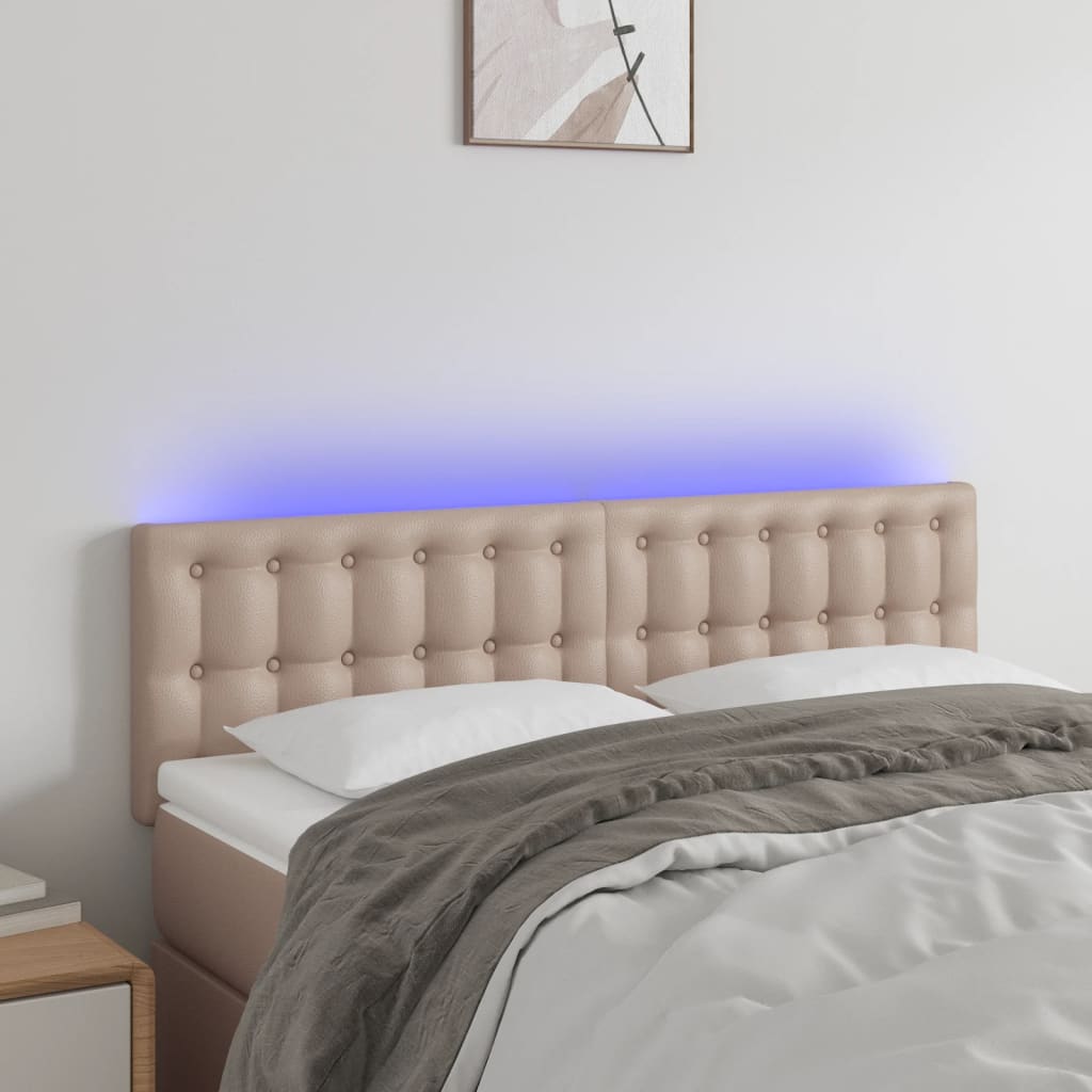 vidaXL gultas galvgalis ar LED, 144x5x78/88 cm, kapučīno mākslīgā āda