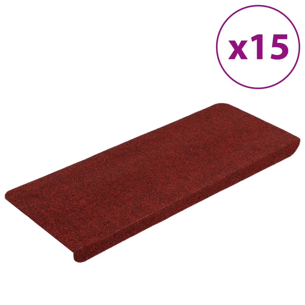 vidaXL kāpņu paklāji, 15 gab., pašlīmējoši, 65x24,5x3,5 cm, sarkani