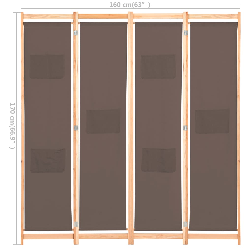 vidaXL 4-paneļu istabas aizslietnis, 160x170x4 cm, brūns audums