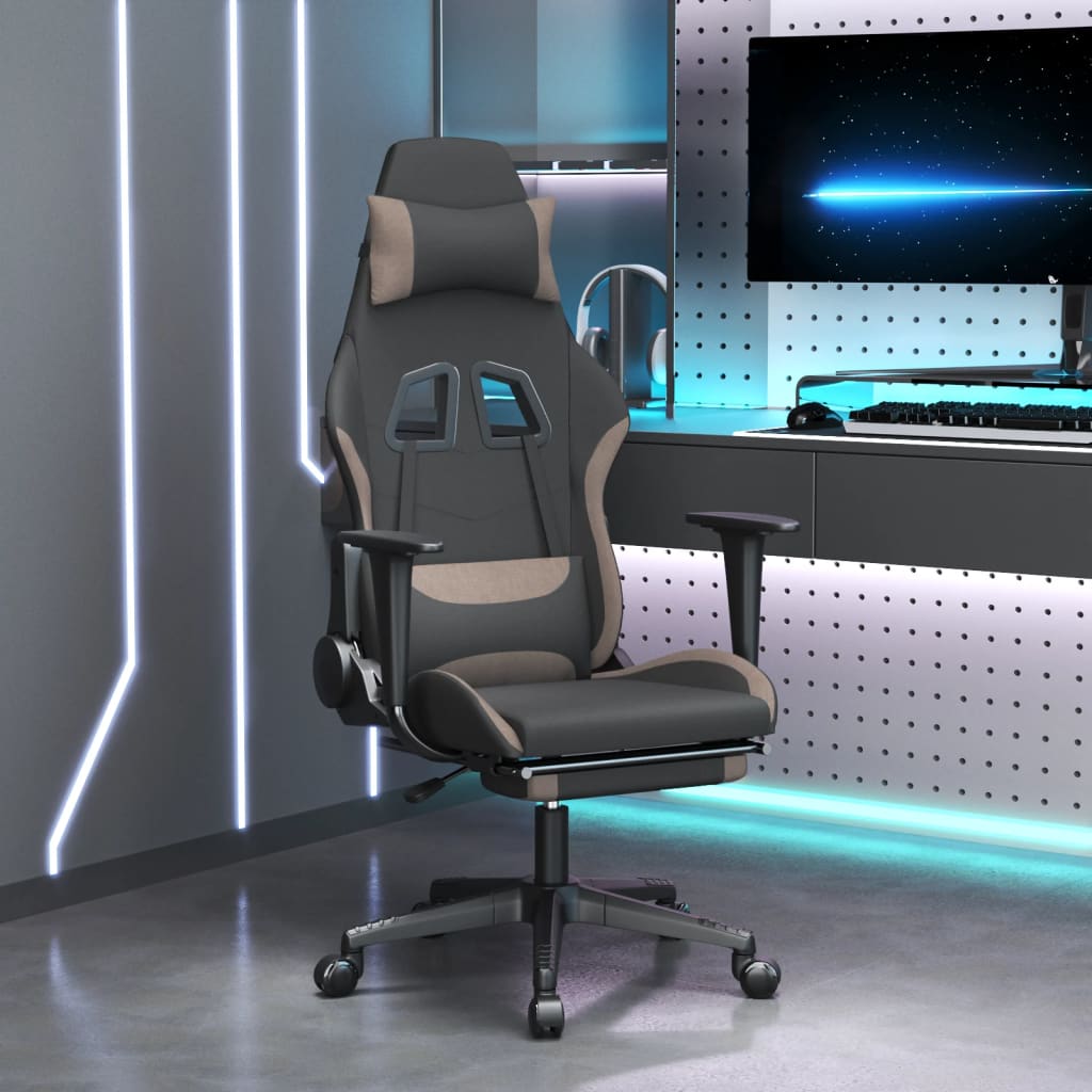 vidaXL datorspēļu krēsls ar kāju balstu, melns un pelēkbrūns audums