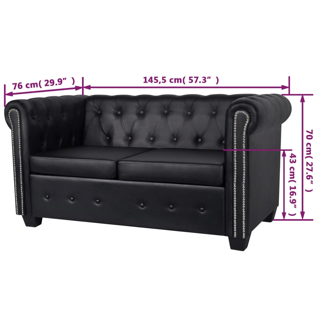 vidaXL Chesterfield dīvāns, divvietīgs, melna mākslīgā āda