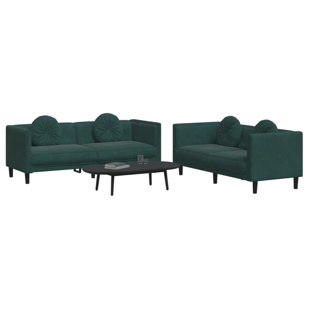 vidaXL divdaļīgs dīvānu komplekts ar spilveniem, tumši zaļš samts