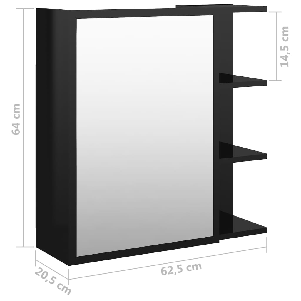 vidaXL vannasistabas spoguļskapītis, spīdīgi melns, 62,5x20,5x64 cm