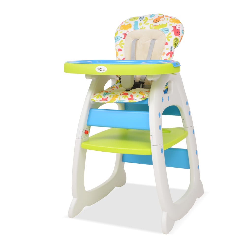 vidaXL bērnu barošanas krēsliņš, galdiņš, pārveidojams, zils ar zaļu
