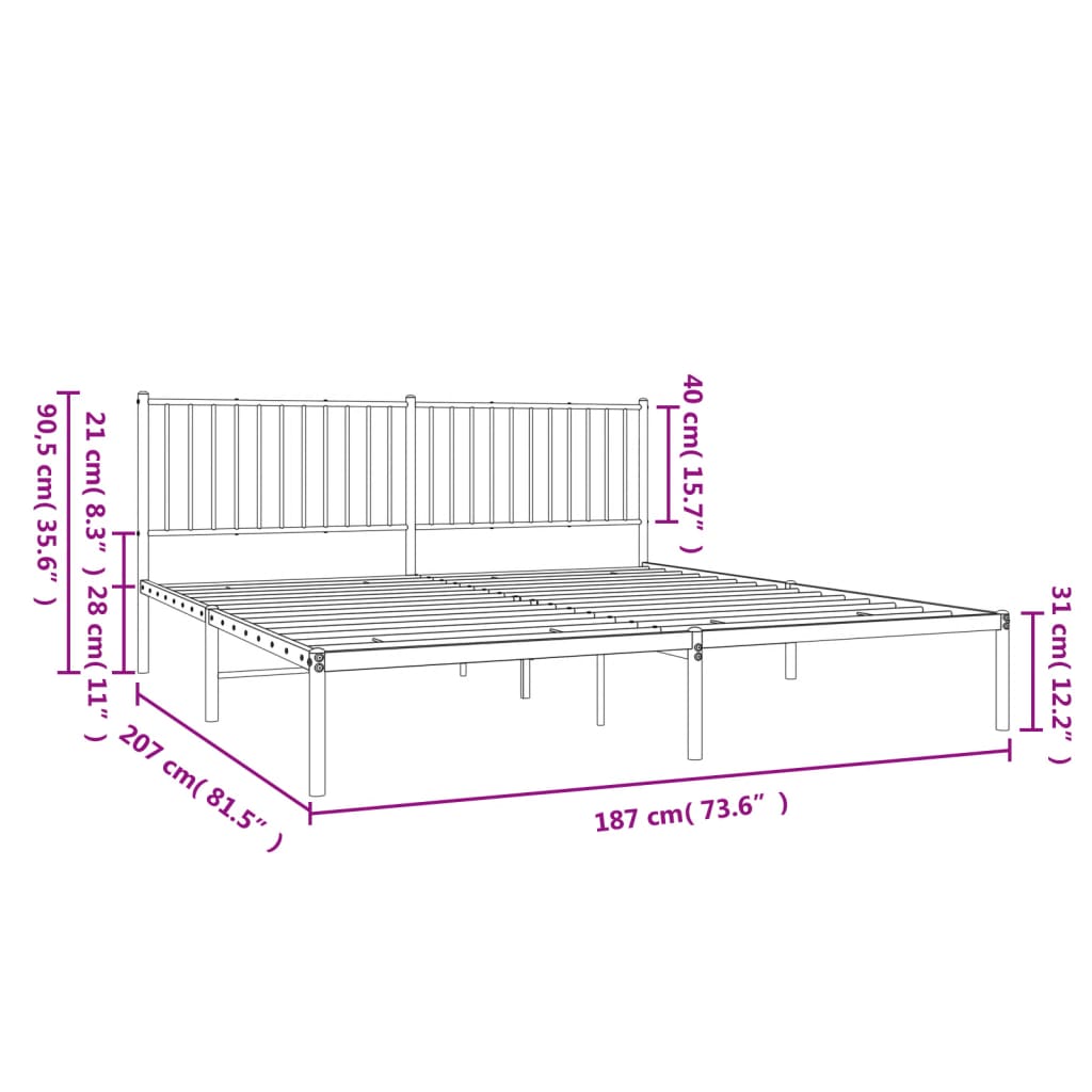 vidaXL gultas rāmis ar galvgali, balts metāls, 180x200 cm