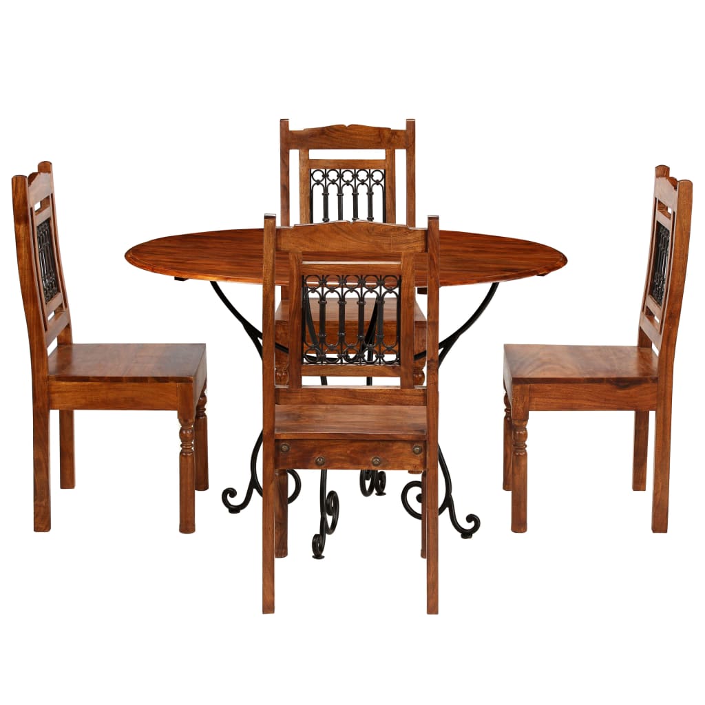 vidaXL virtuves galds un 4 krēsli, akācijas masīvkoks, rožkoka apdare