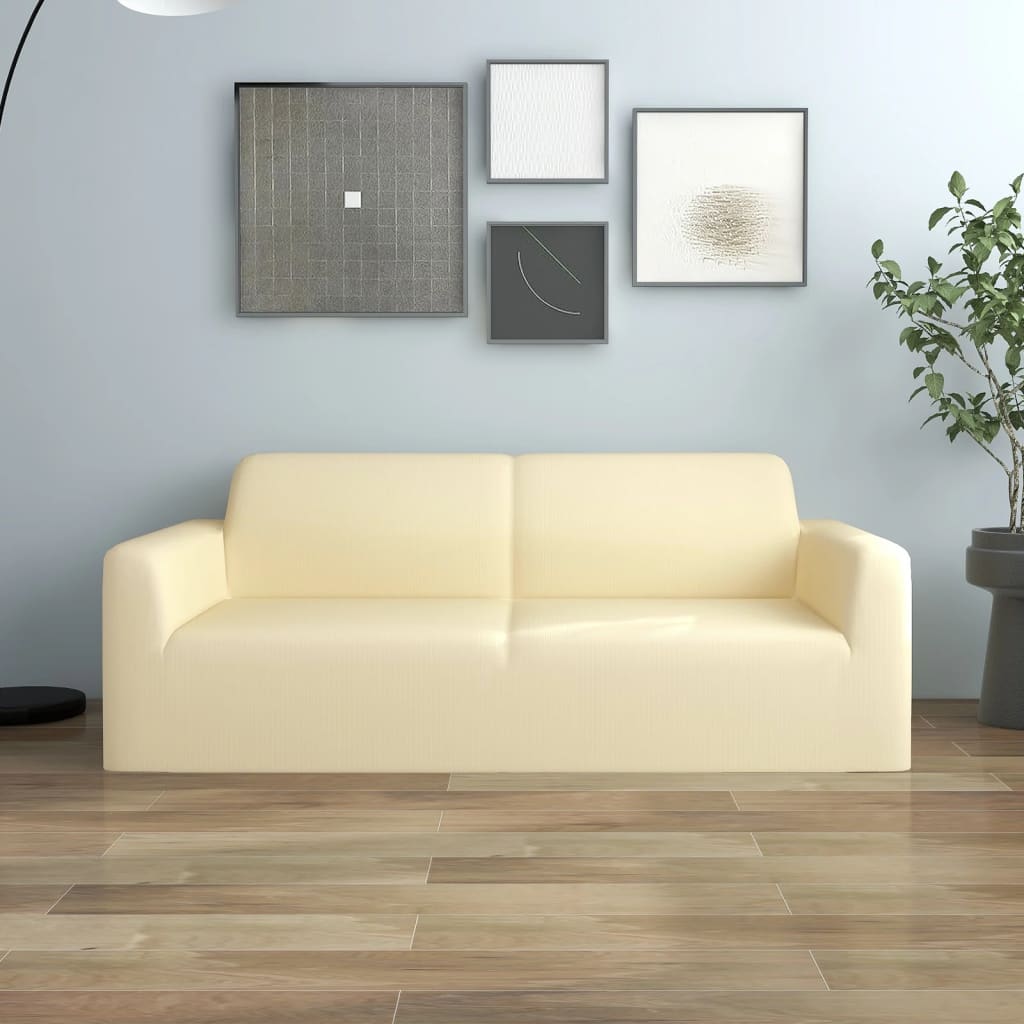 vidaXL elastīgs dīvāna pārvalks, divvietīgs, krēmkrāsas poliesters