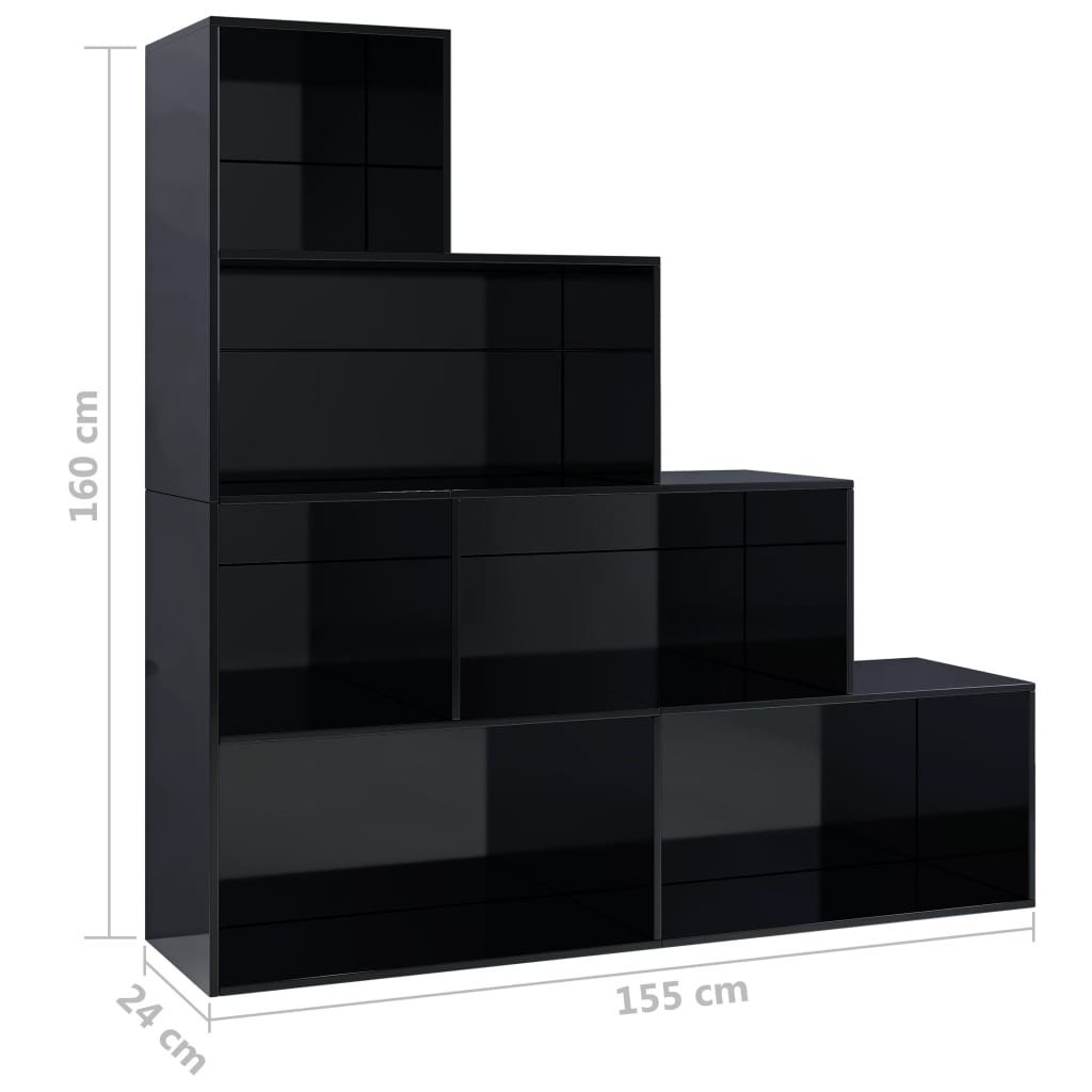 vidaXL grāmatu plaukts, spīdīgi melns, 155x24x160 cm, skaidu plāksne