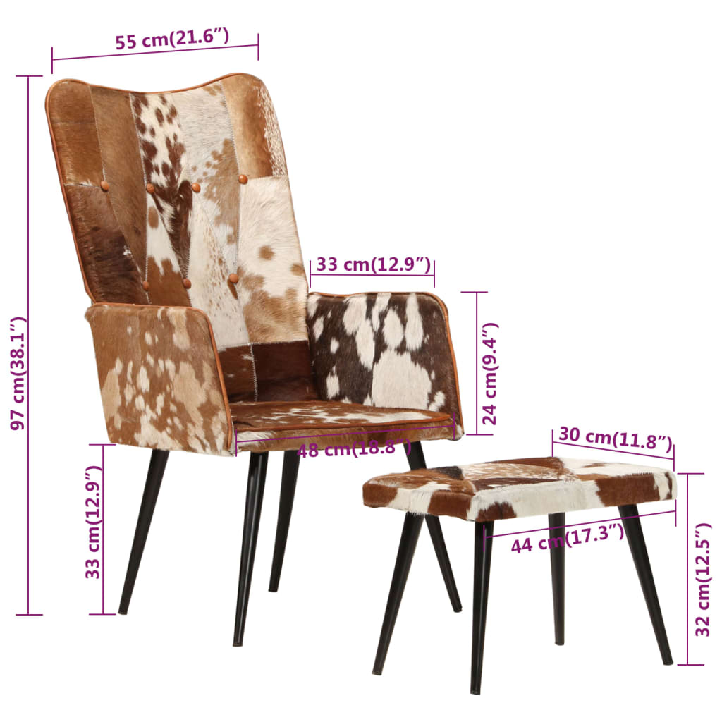 vidaXL atzveltnes krēsls ar kāju balstu, brūna dabīgā āda