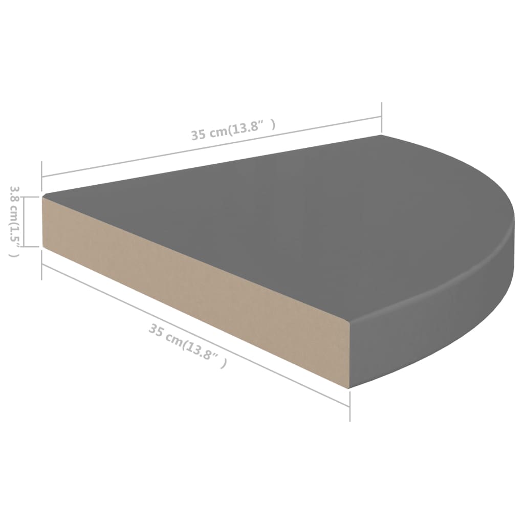 vidaXL stūra sienas plaukti, 2 gab., spīdīgi pelēki, 35x35x3,8 cm, MDF