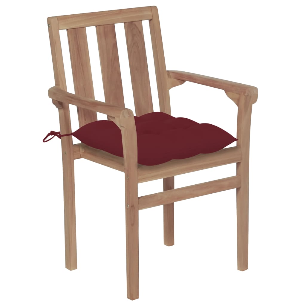 vidaXL dārza krēsli, 2 gab., vīnsarkani matrači, masīvs tīkkoks