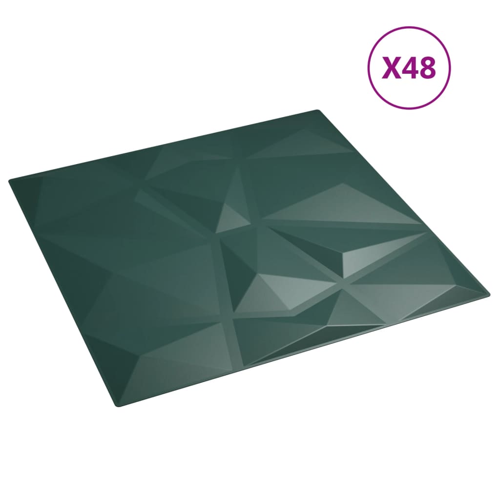 vidaXL sienas paneļi, 48 gab., zaļi, 50x50 cm, XPS, 12 m², dimants