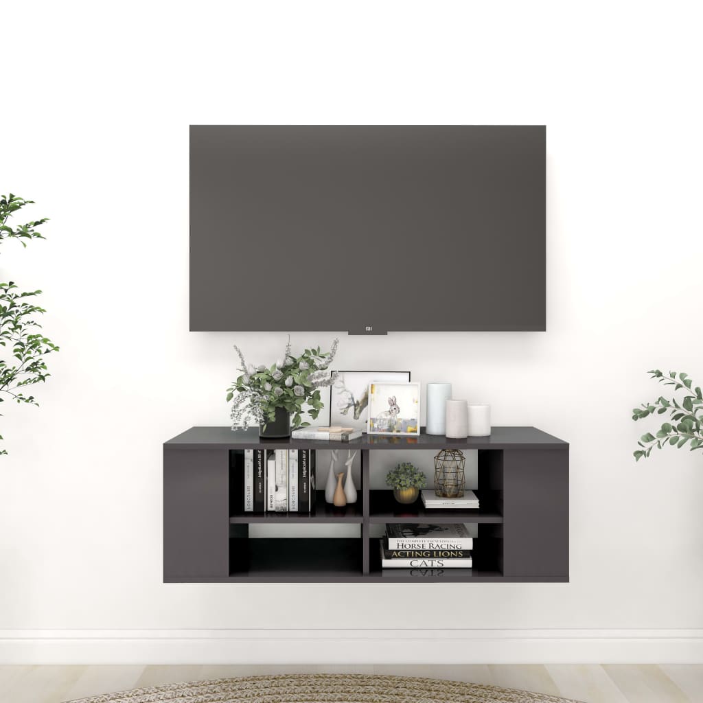 vidaXL sienas TV plaukts, spīdīgi pelēks, 102x35x35 cm, skaidu plāksne