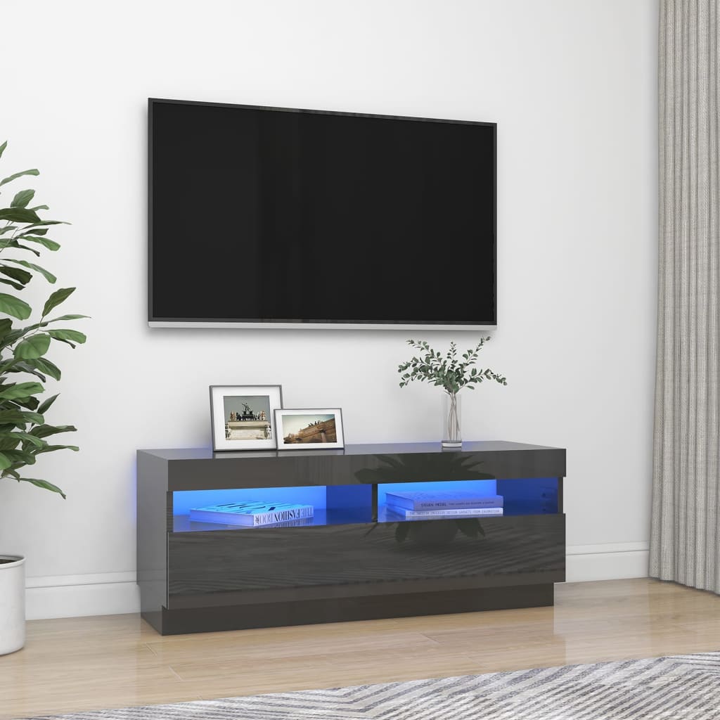 vidaXL TV galdiņš ar LED lampiņām, spīdīgi pelēks, 100x35x40 cm