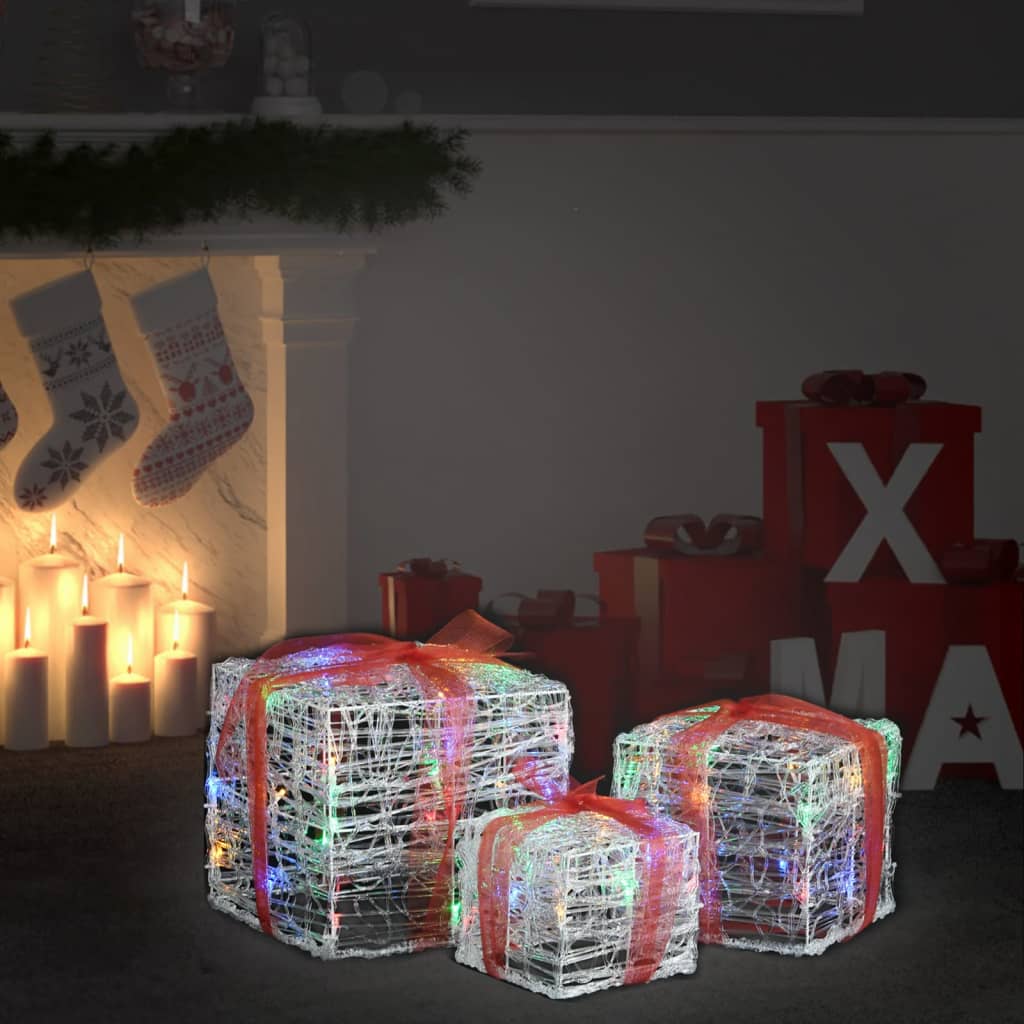 vidaXL Ziemassvētku dekorācija, 3 dāvanu kastes, akrils, krāsainas