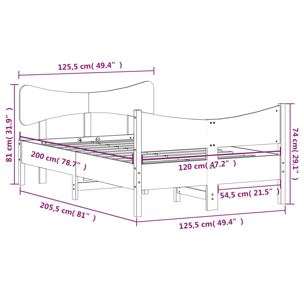 vidaXL gultas rāmis ar galvgali, 120x200 cm, priedes masīvkoks