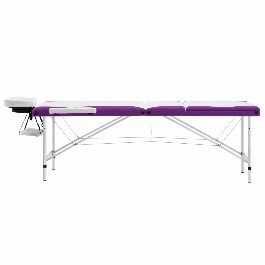 vidaXL saliekams masāžas galds, 3 daļas, alumīnijs, balts ar violetu