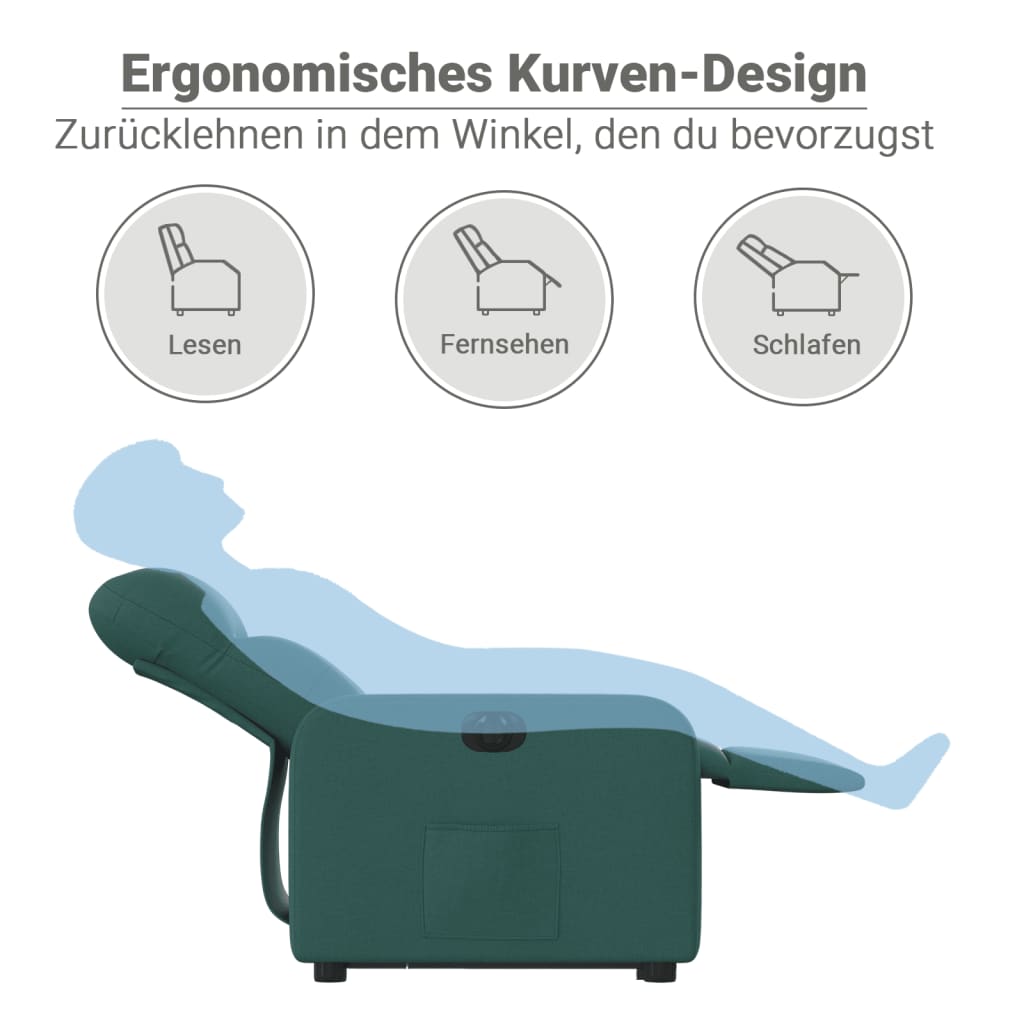 vidaXL elektrisks atpūtas krēsls, paceļams/atgāžams, tumši zaļš audums