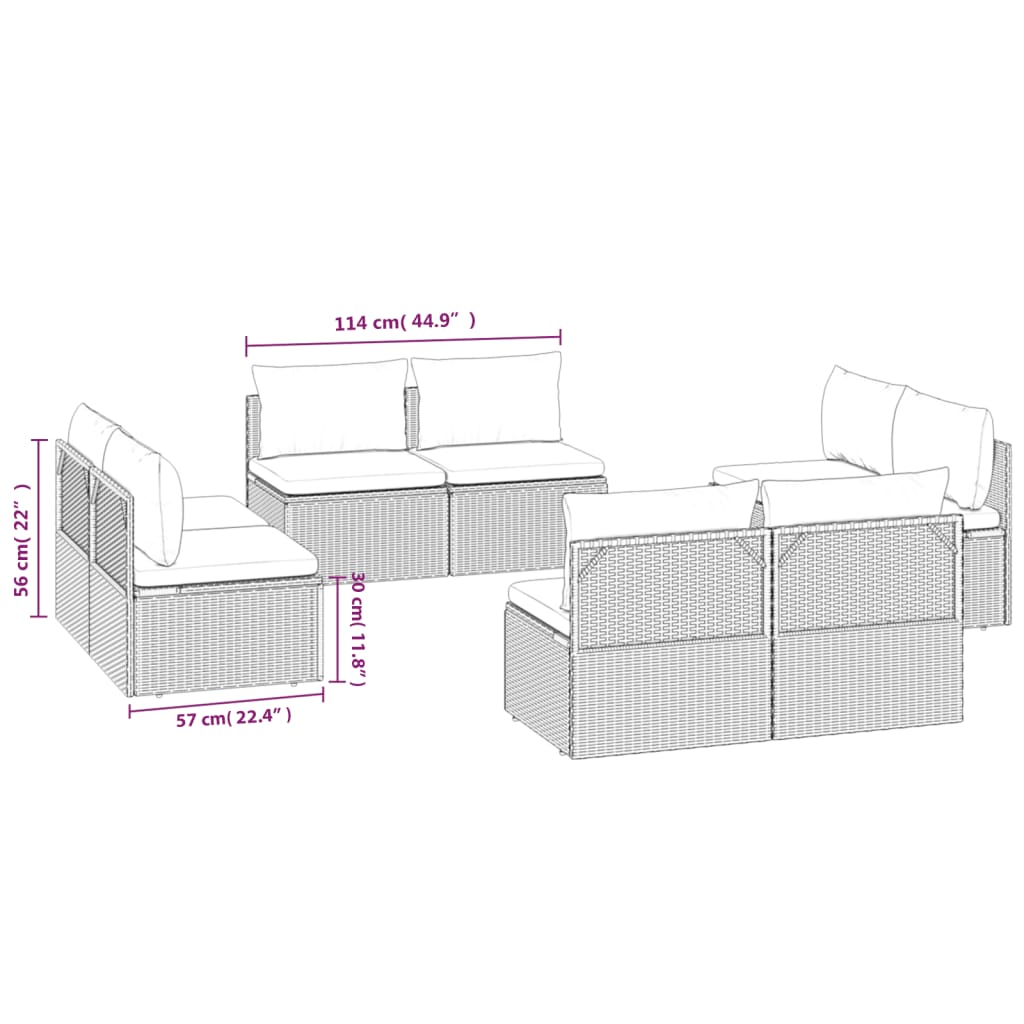 vidaXL dārza vidējie dīvāni, 8 gab., 57x57x56 cm, PE rotangpalma