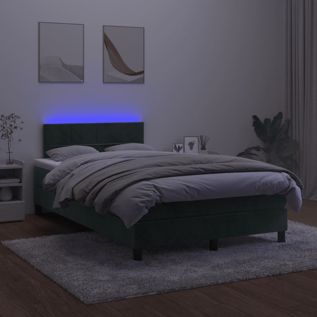 vidaXL atsperu gulta ar matraci, LED, tumši zaļš samts, 120x190 cm