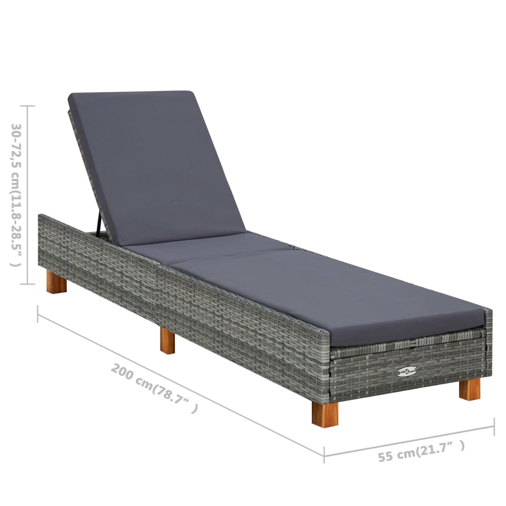 vidaXL sauļošanās gulta ar matraci, pelēka, PE rotangpalma