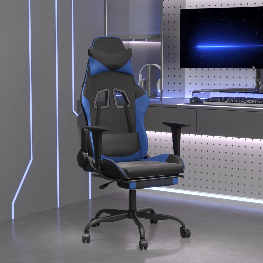 vidaXL masāžas datorkrēsls ar kāju balstu, melna un zila mākslīgā āda