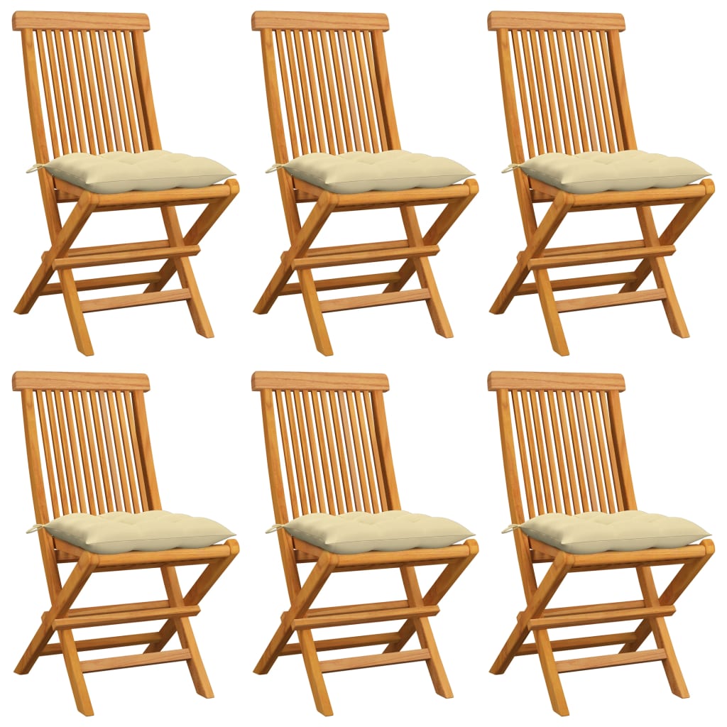 vidaXL dārza krēsli, krēmbalti matrači, 6 gab., masīvs tīkkoks