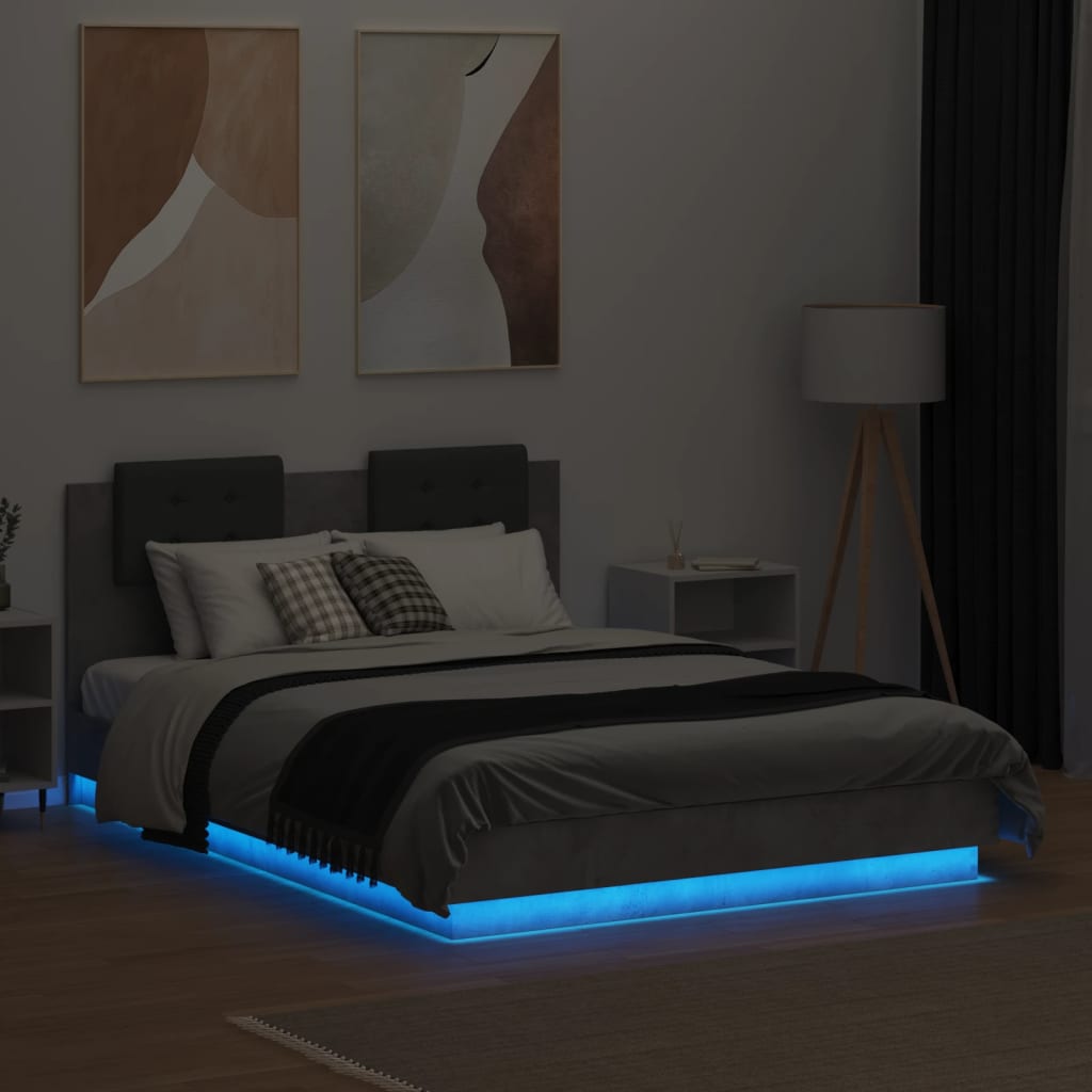vidaXL gultas rāmis ar galvgali un LED, betona pelēks, 140x190 cm