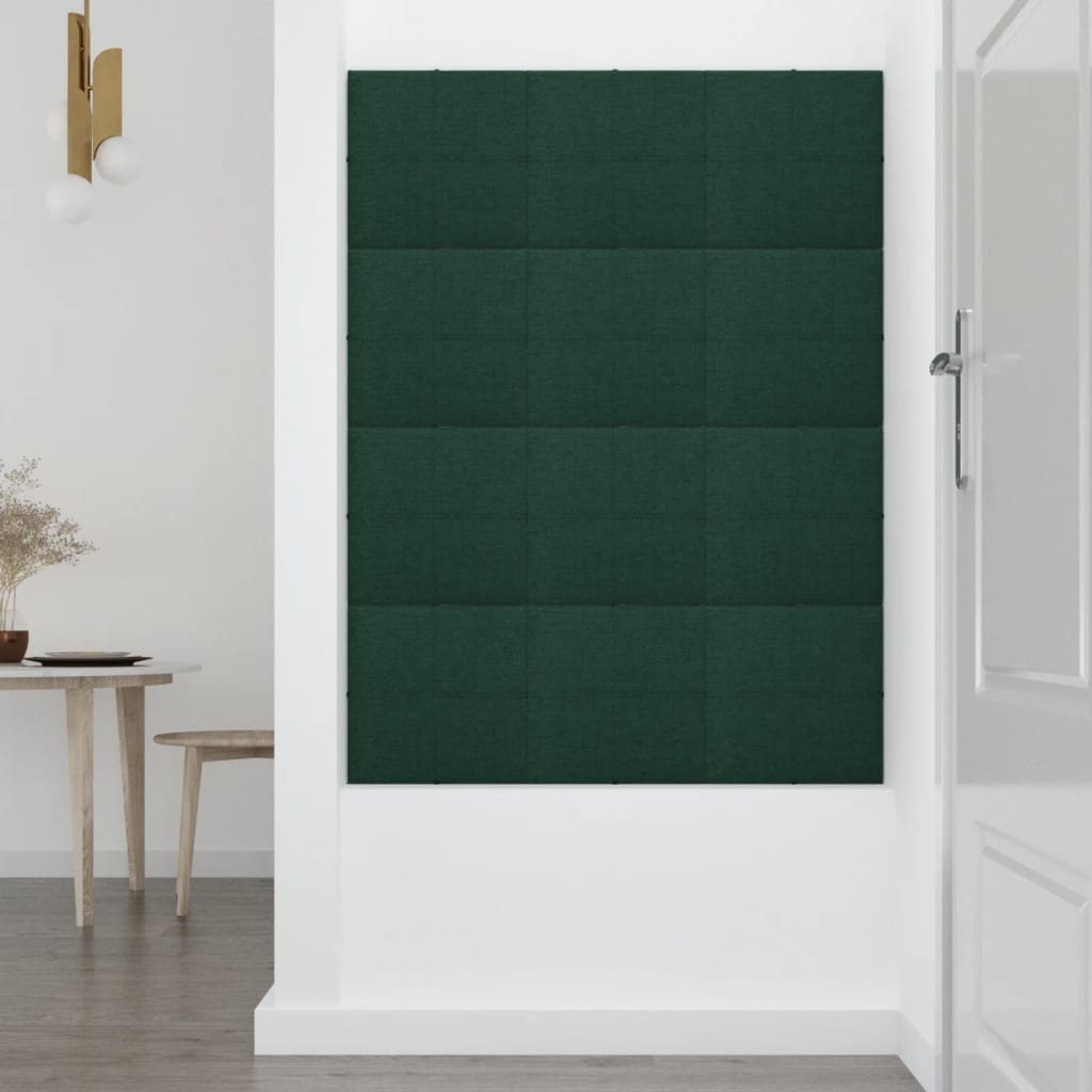 vidaXL sienas paneļi, 12 gab., tumši zaļi, 30x30 cm, audums, 1,08 m²