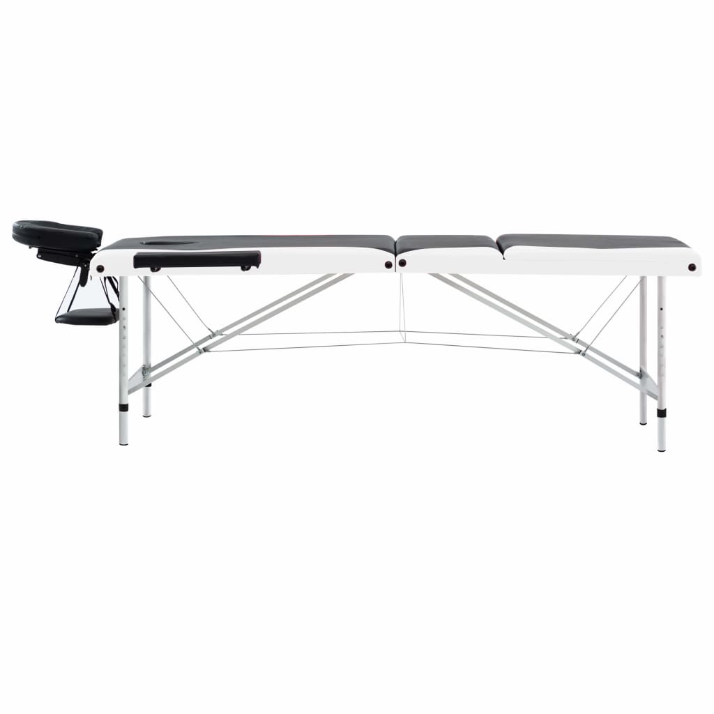vidaXL saliekams masāžas galds, 3 daļas, alumīnijs, melns ar baltu