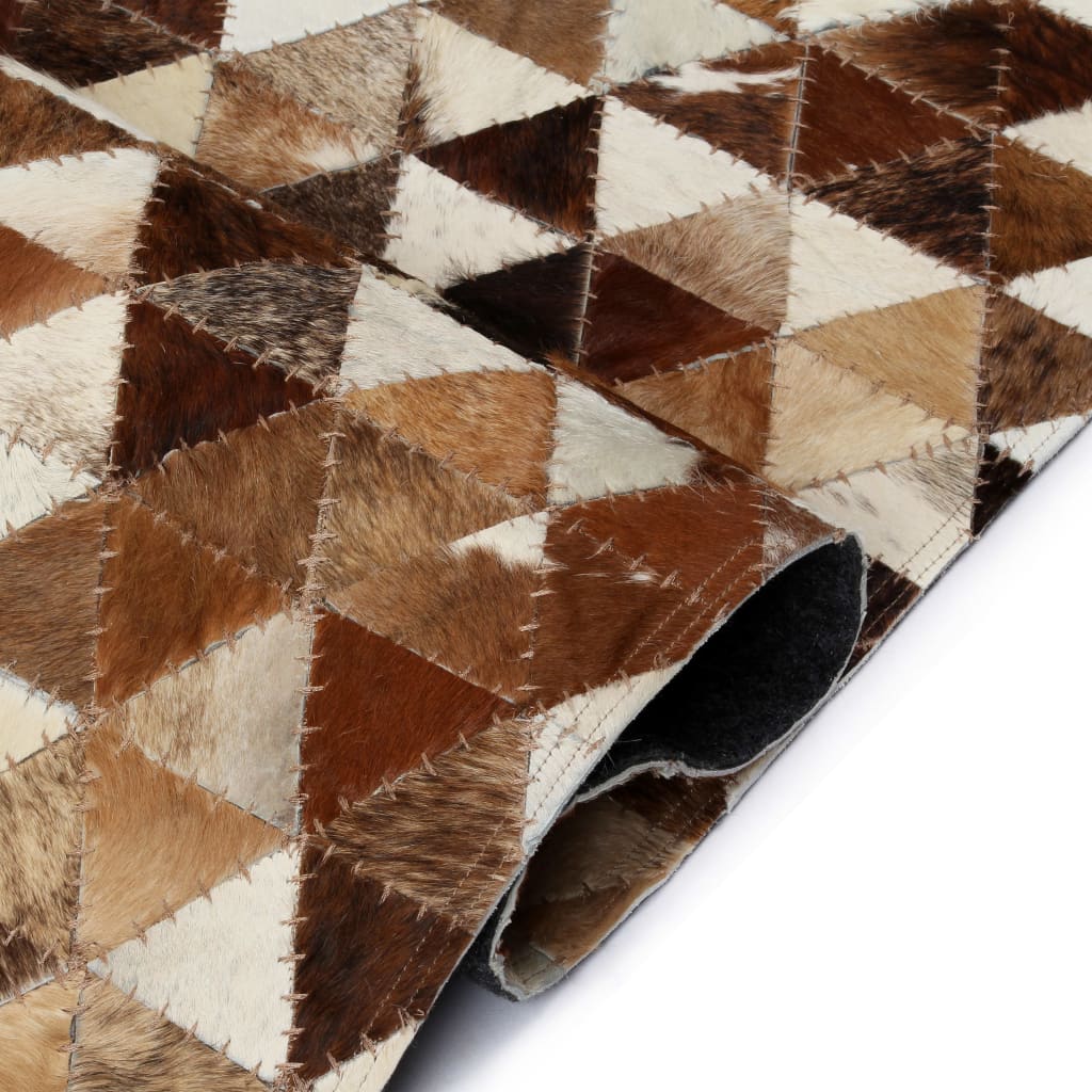 vidaXL paklājs, 80x150 cm, dabīgā āda, tekstilmozaīka, brūns ar baltu