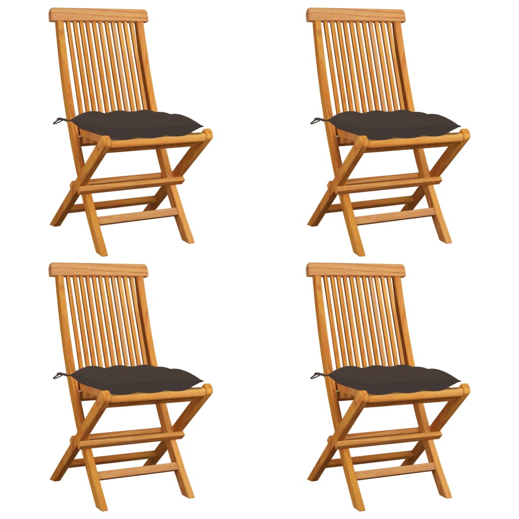 vidaXL dārza krēsli, pelēkbrūni matrači, 4 gab., masīvs tīkkoks